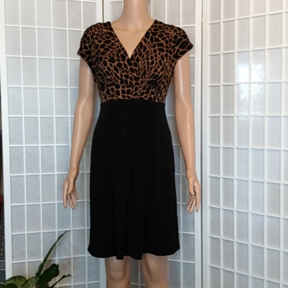 Enfocus Studio Midi Dress –‎ Black/Brown Animal Print – V-Neck – 8